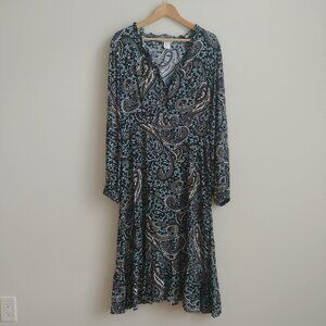 Apricot 12 long sleeve midi dress dark green paisley pattern 100% viscose